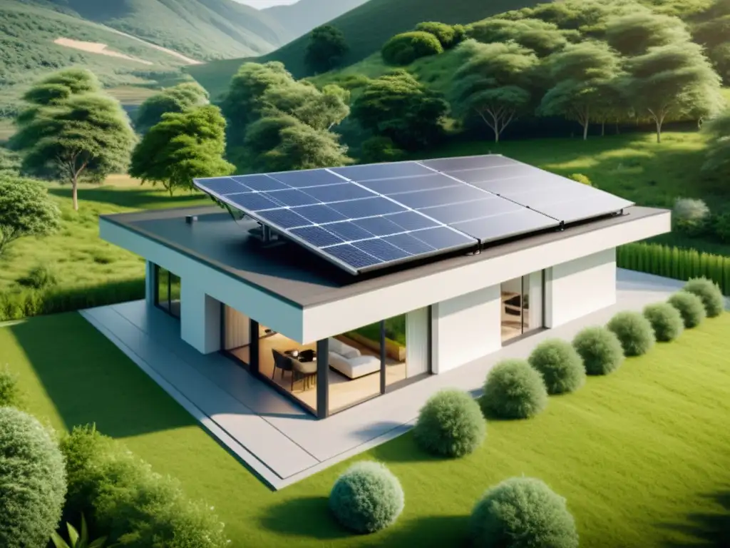 Vivienda sostenible con paneles solares, rodeada de naturaleza y fuentes de energía renovable, muestra beneficios energías renovables cambio climático