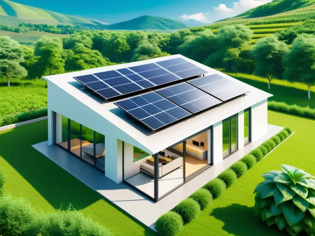 Vivienda sostenible con paneles solares, rodeada de naturaleza y fuentes de energía renovable