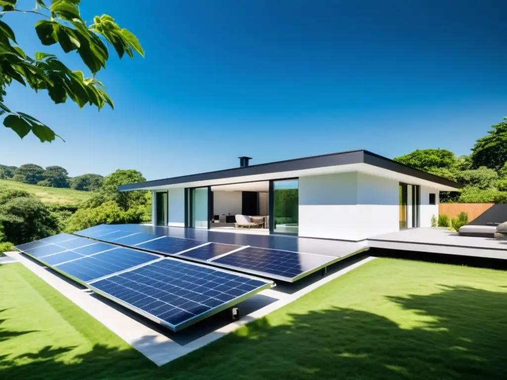 Vivienda sostenible con paneles solares, rodeada de naturaleza