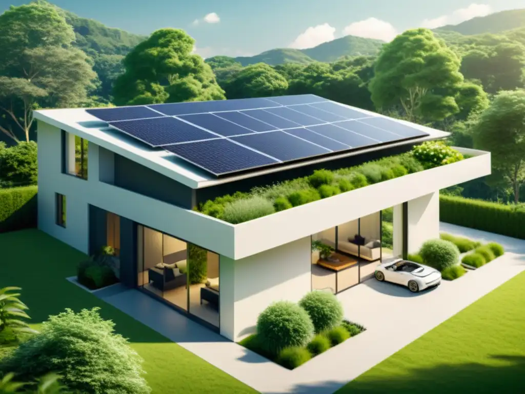 Vivienda sostenible con paneles solares y smart grids para hogares sostenibles, rodeada de exuberante vegetación bajo el sol brillante