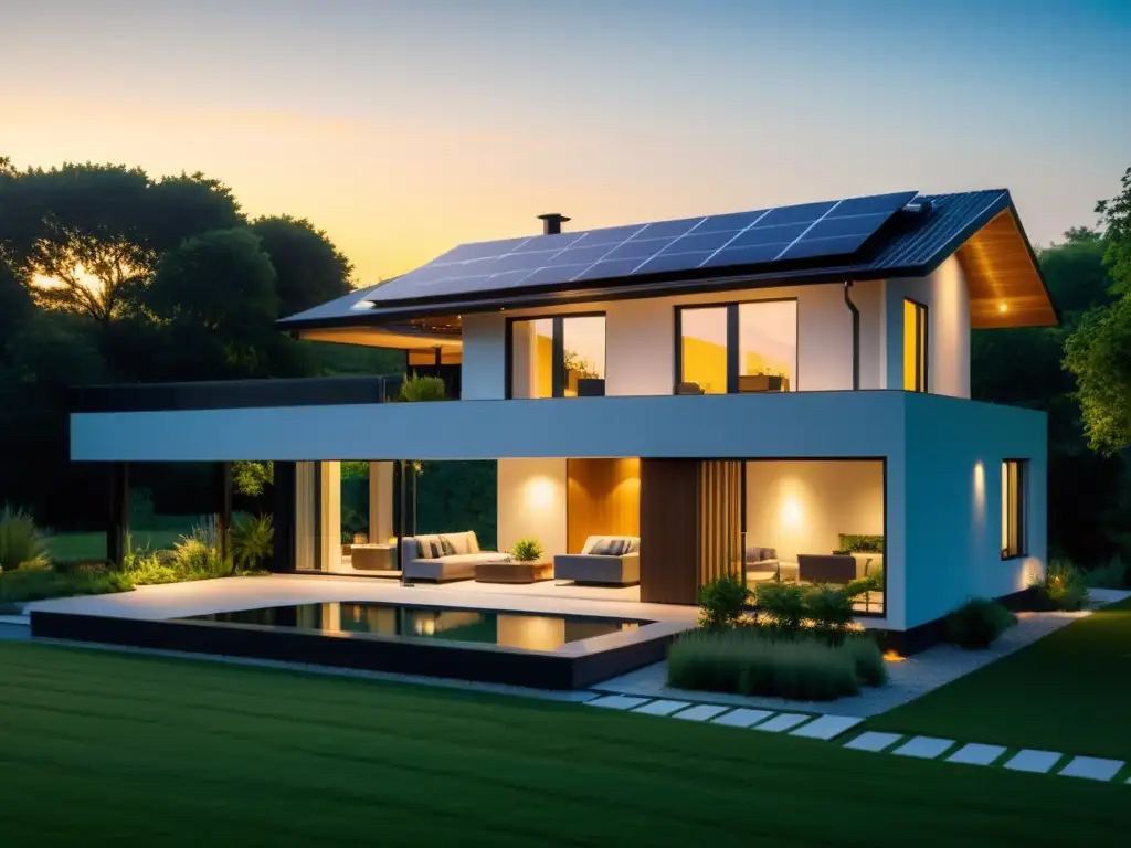 Vivienda sostenible con paneles solares y domótica ecológica, integrada en la naturaleza al atardecer