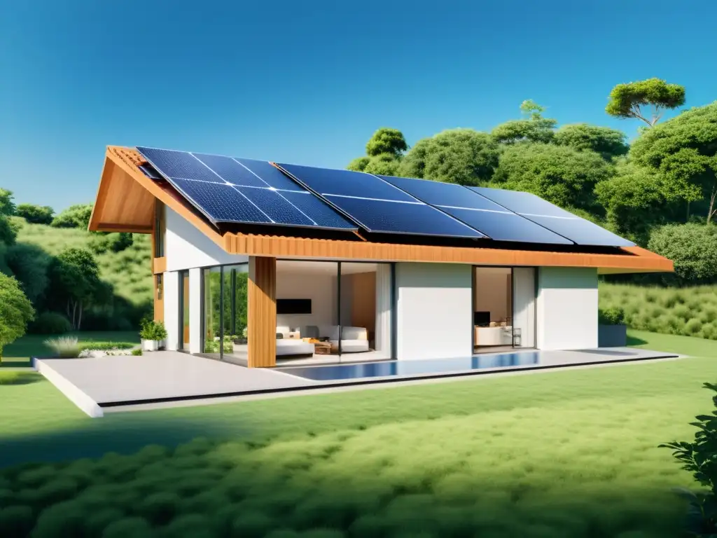 Vivienda sostenible con paneles solares integrados, rodeada de naturaleza