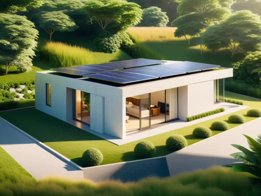 Vivienda sostenible con paneles solares y almacenamiento de energía integrado, rodeada de vegetación exuberante y bañada por la cálida luz del sol