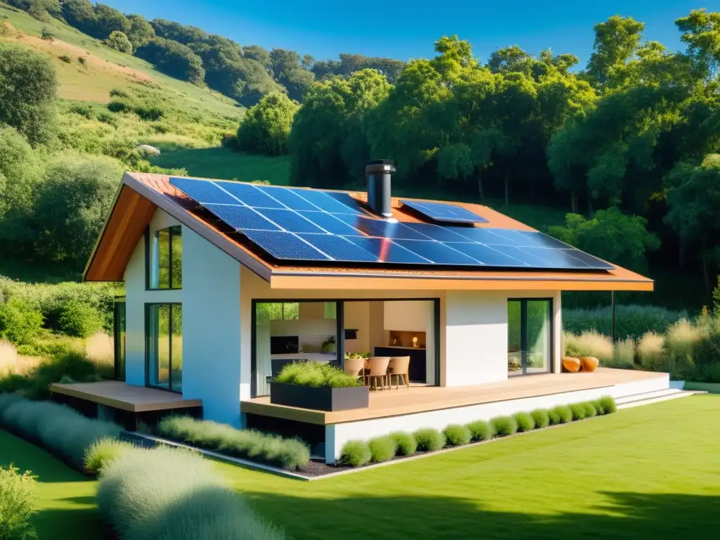 Vivienda sostenible con tecnologías innovadoras para reducir emisiones, integrada en la naturaleza con paneles solares y jardín exuberante