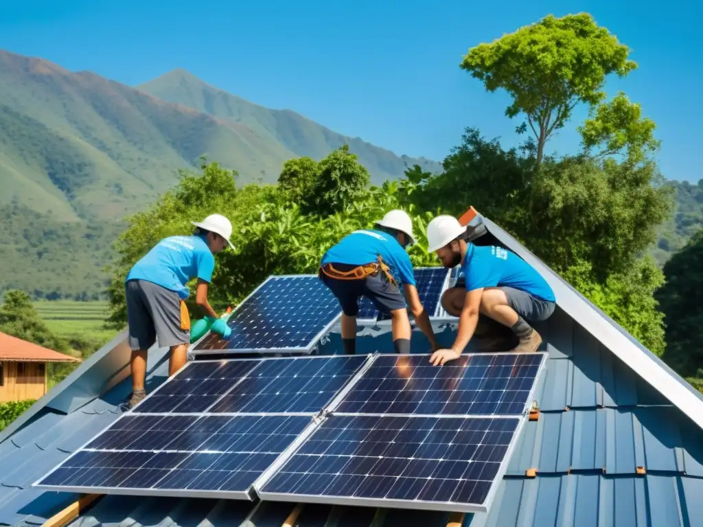 Voluntarios instalan paneles solares en comunidad rural, resaltando programas voluntariado energía sostenible